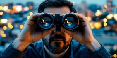 Sales rep looking through binoculars for leads