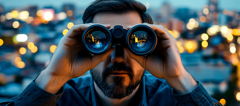 Sales rep looking through binoculars for leads