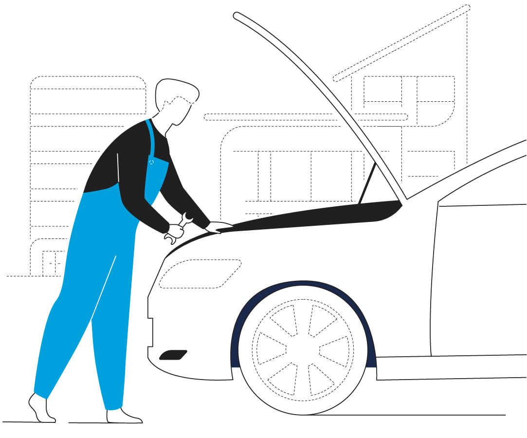 Illustration of mechanic fixing engine in parking lot