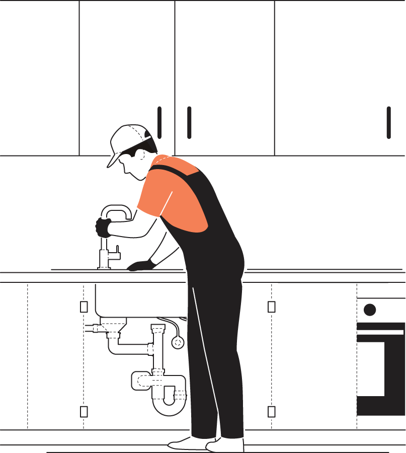 Illustration of plumber installing kitchen faucet