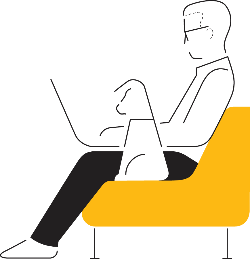 Illustration of man on chair using laptop with dog