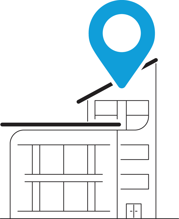 Illustration of business building with location marker