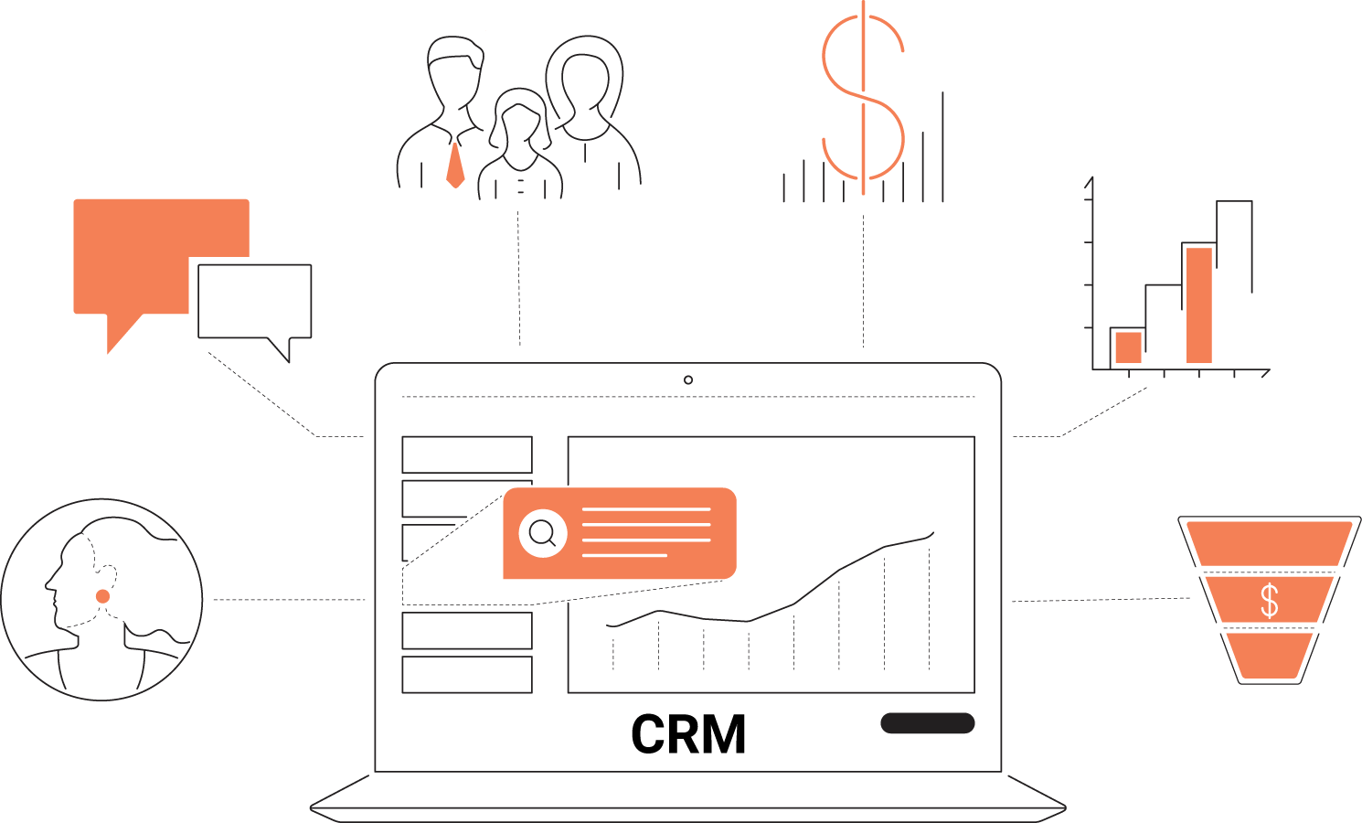 Illustration of CRM tools on laptop