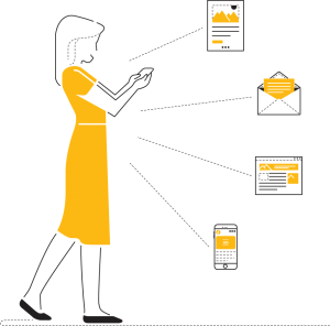 Illustration of woman interacting with company across multiple, independent channels