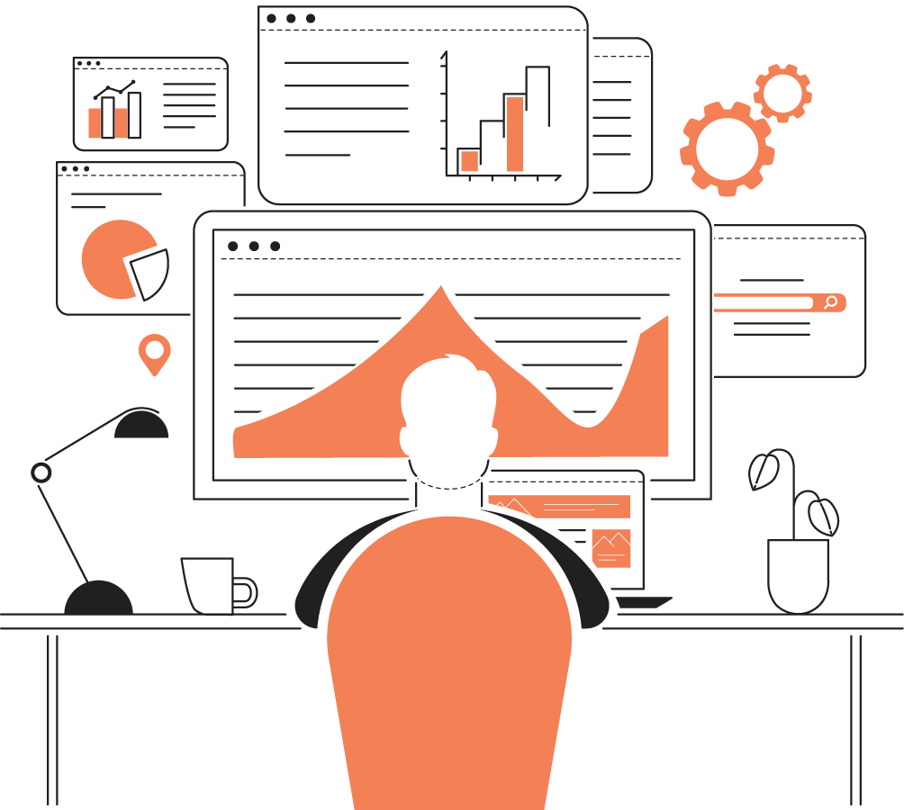 Illustration of man on computer using tools and tech