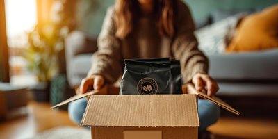 Woman opening delivery package with coffee bags inside