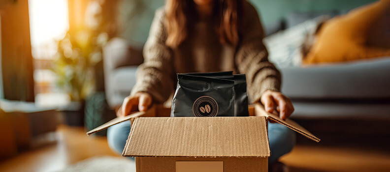 Woman opening delivery package with coffee bags inside