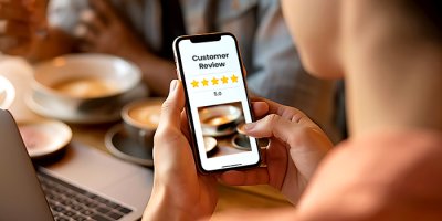 Person on phone texting a 5-star review