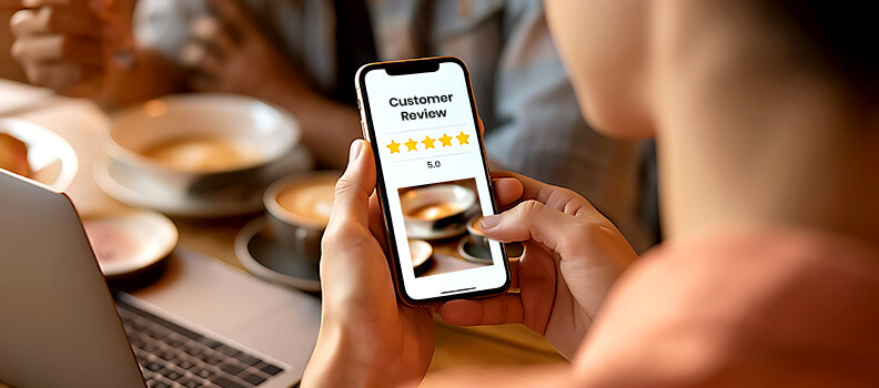 Person on phone texting a 5-star review